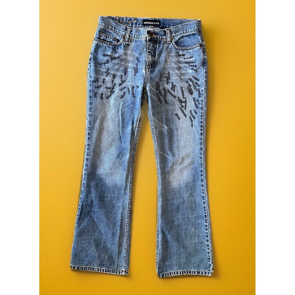 VTG Express Women's Jeans Sz 7 / 8 Denim Bronze Beads Mid Rise Bootcut Jeans Y2K - Picture 3 of 16